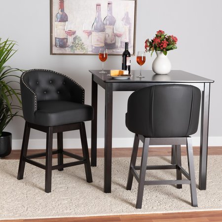 BAXTON STUDIO Theron MidCentury Black Faux Leather Espresso Brown Finished Wood Swivel Counter Stool Set 2PC 225-2PC-12969-ZORO